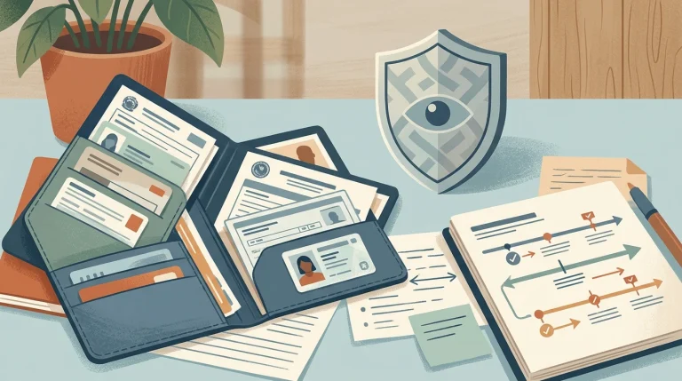Identity document checklist and withdrawal notes on a clean desk
