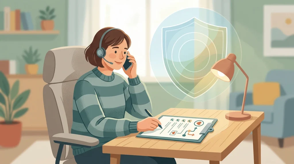 Calm support pathway with a phone, checklist and protective barrier symbol