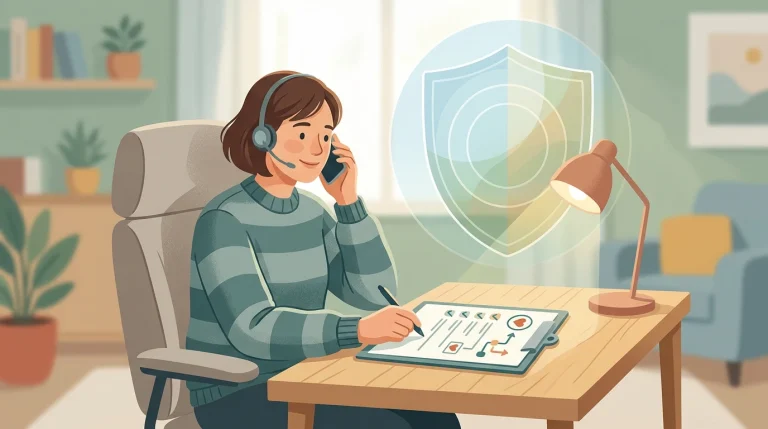 Calm support pathway with a phone, checklist and protective barrier symbol