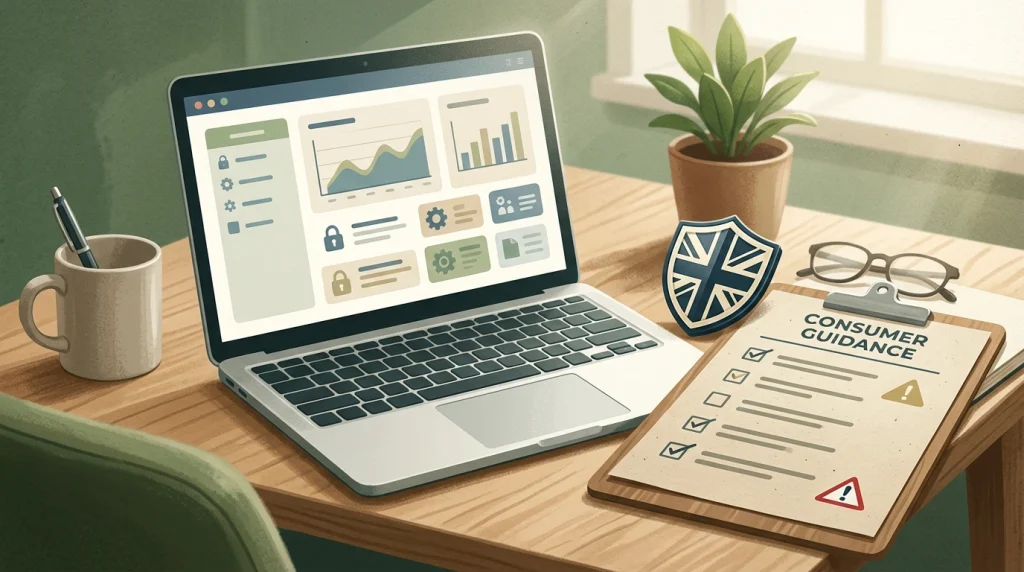 A risk checklist beside a laptop with no gambling brands shown